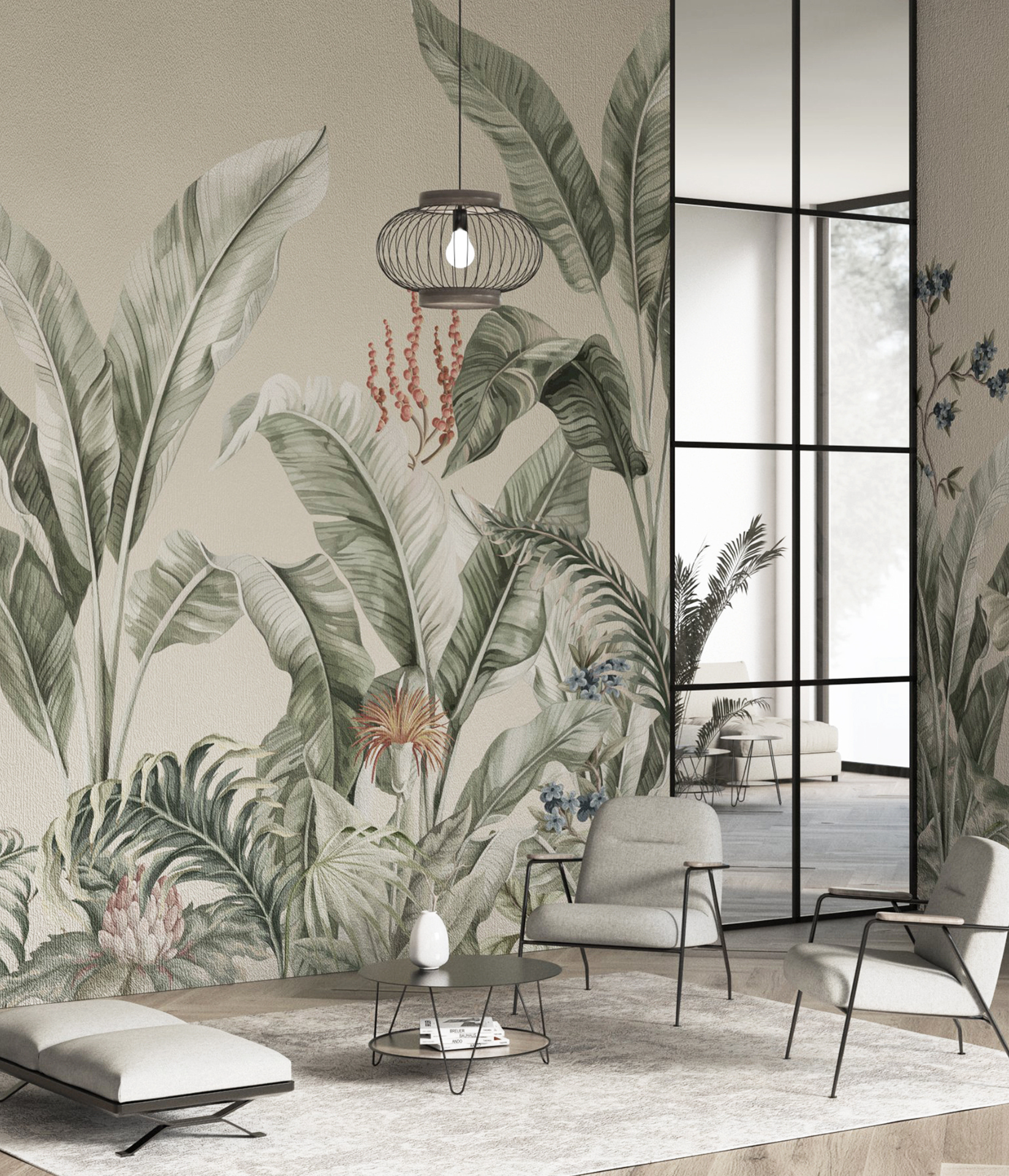 Palm wallpaper in a funky modern room