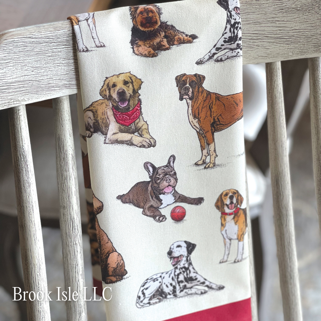 A tea towel with doggies on it