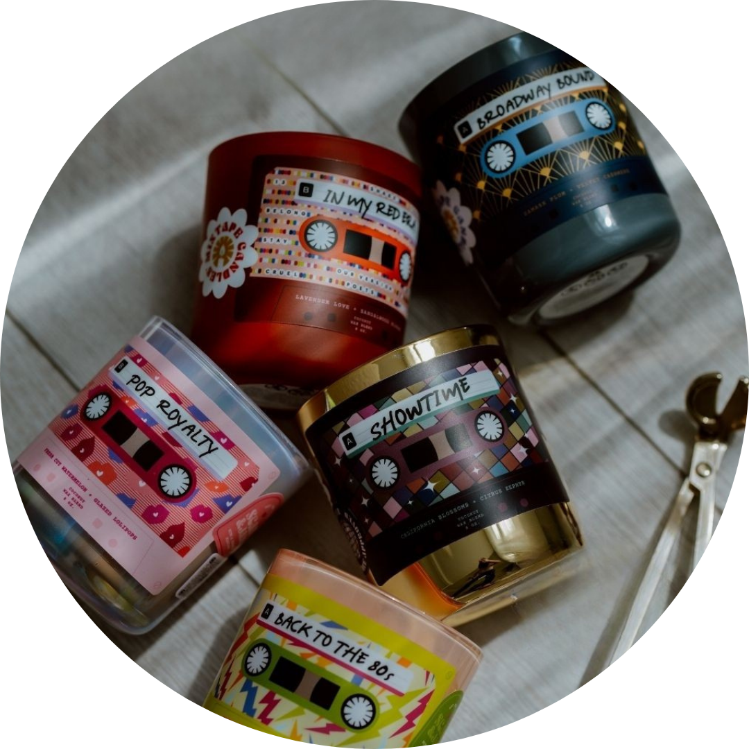 Mixtape Candles Candles with names of mix tape genres on them