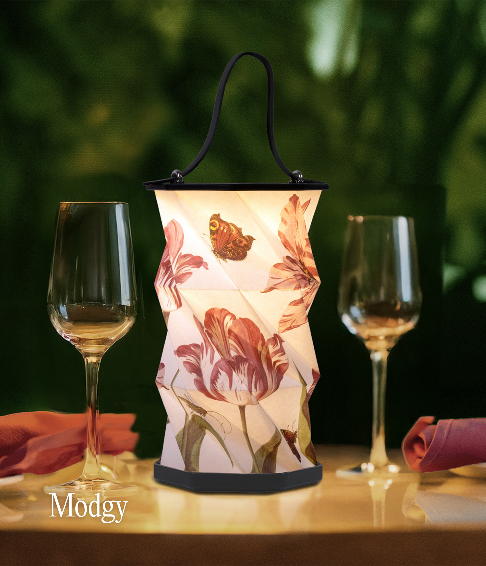 Two wine glasses with outdoor light