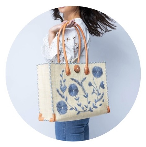 A hand holds shopping bags